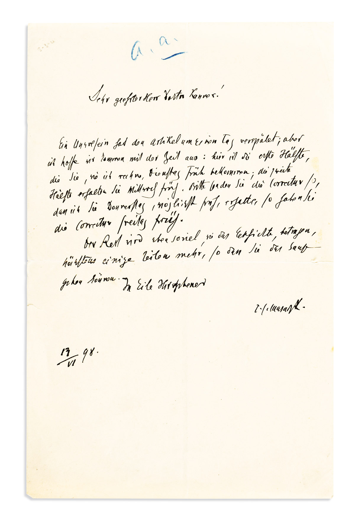 MASARYK, TOMÁŠ GARRIGUE. Autograph Letter Signed, to Die Zeit founder Heinrich Kanner (Very esteemed Doctor Kanner), in German,